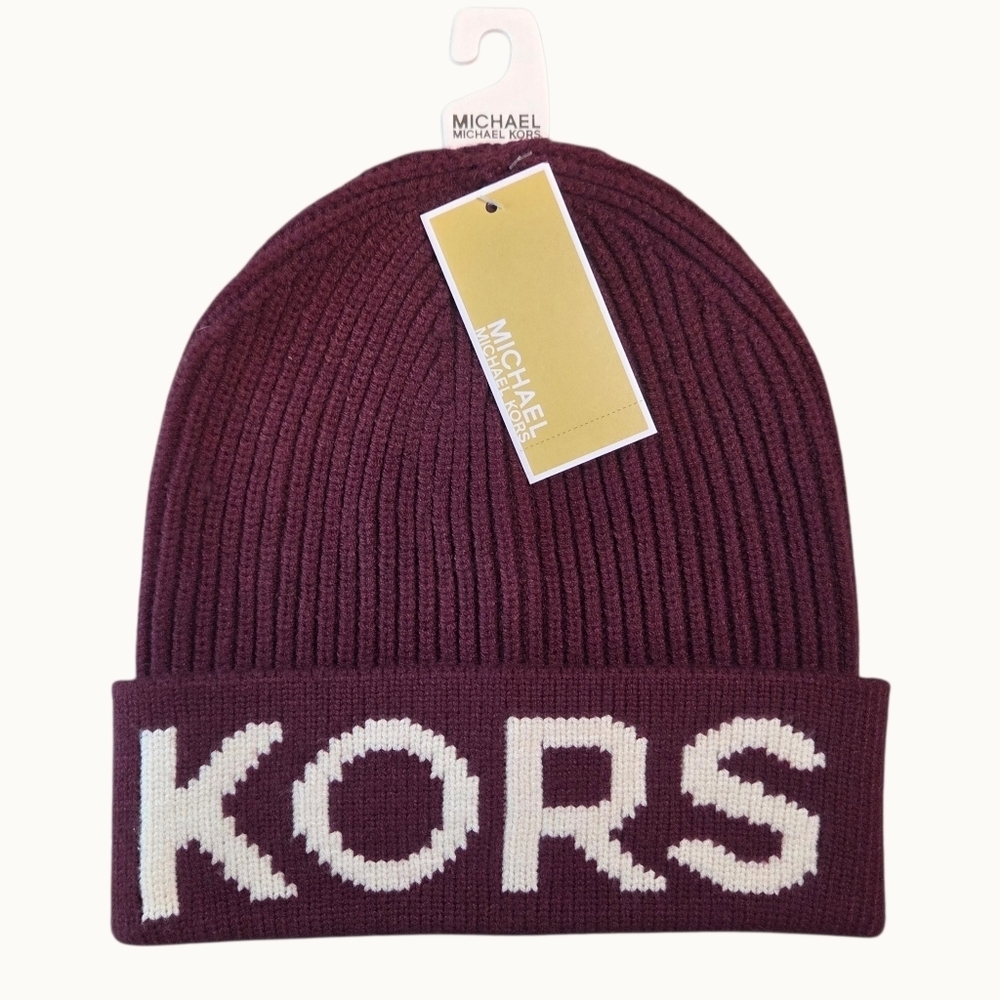 NWT Michael Kors Logo Knit Beanie | Burgundy | Ribbed Cuffed Hat